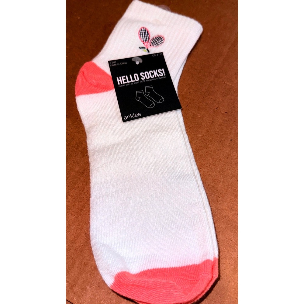 Hello Socks Ankle Socks Women OS 4-10 NEW Tennis Racket Embroidered White Coral